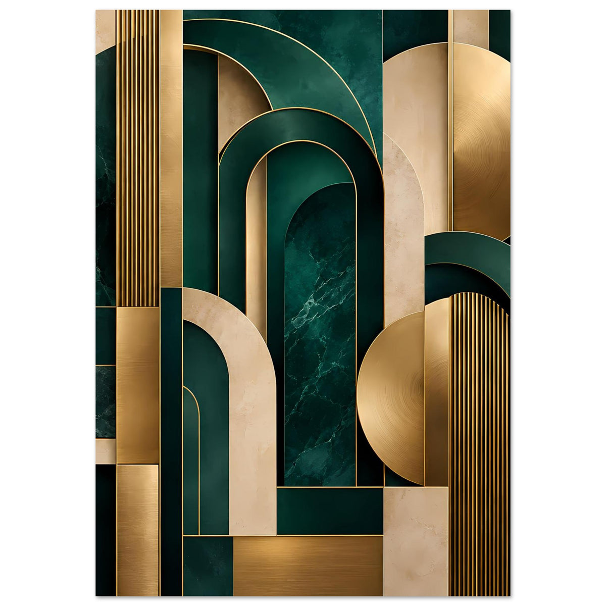 Art-Deco-Poster im Hochformat mit goldenen Bögen, dunkelgrünen Akzenten und verticalen Linien