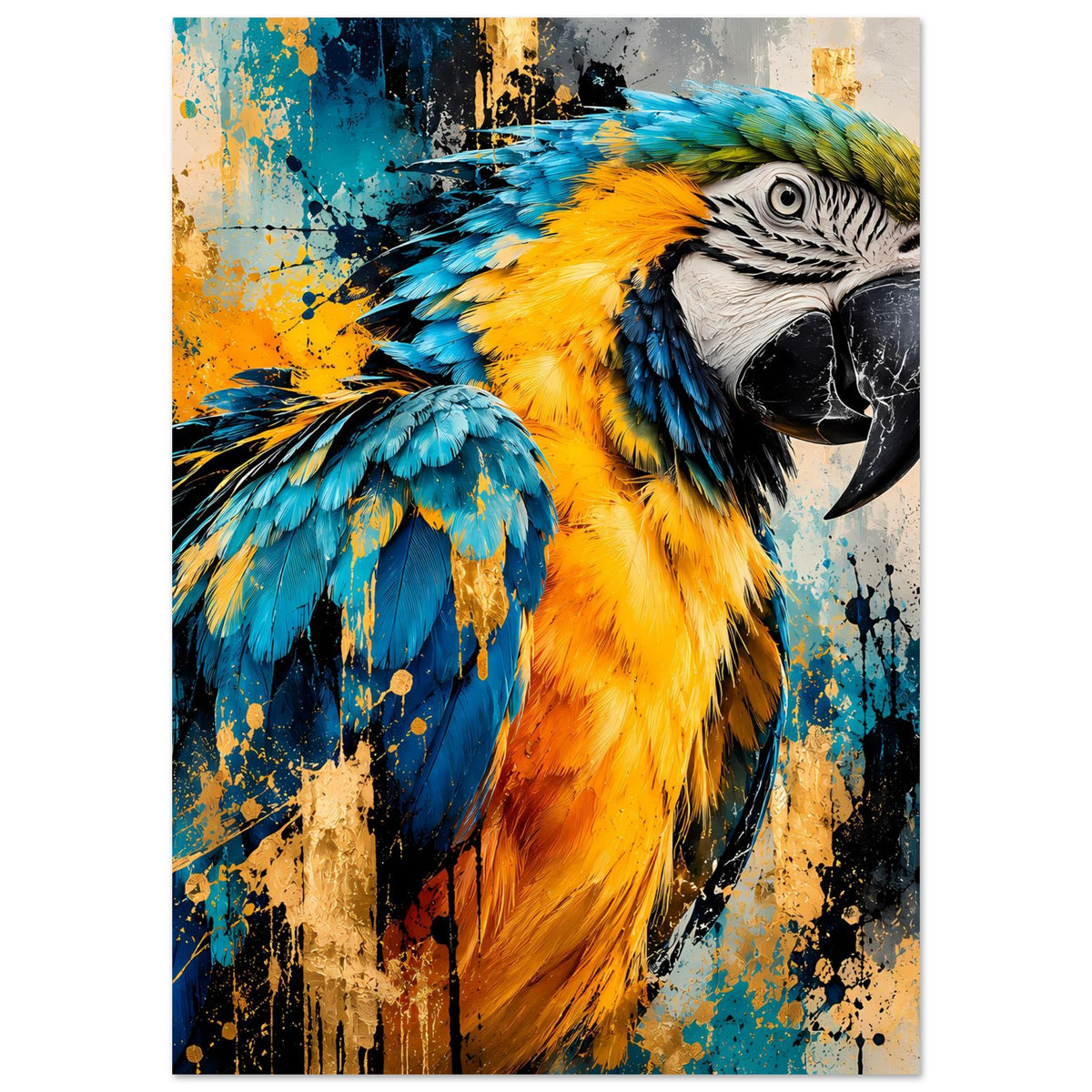 Kunstposter mit Papagei-Porträt, blau und orange-gelbe Federn, vertikal