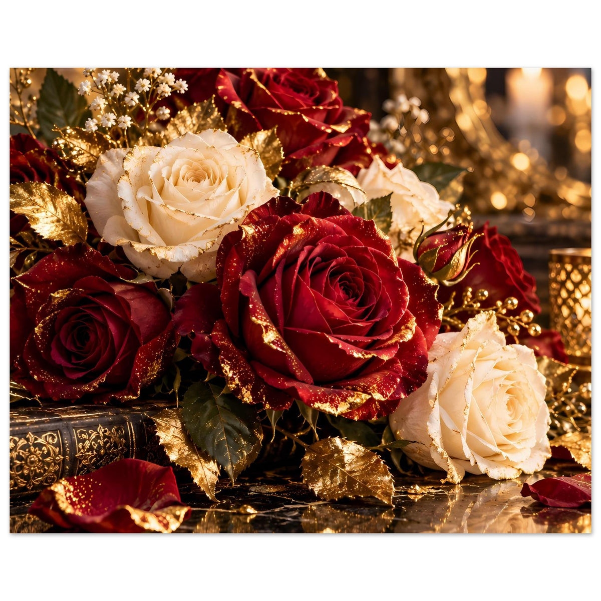 Rosenstrauß mit Bordeauxroten Rosen, cremeweißer Rose und goldenen Glanzakzenten