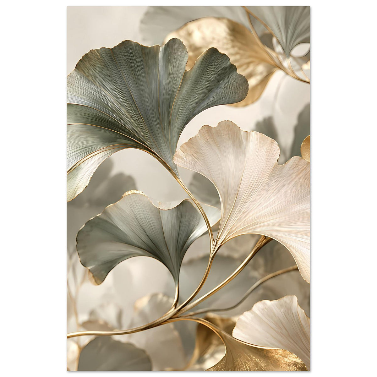 Poster mit Ginkgo-Blättern in sanftem Grün, Creme- und Goldlinien, hochformatig