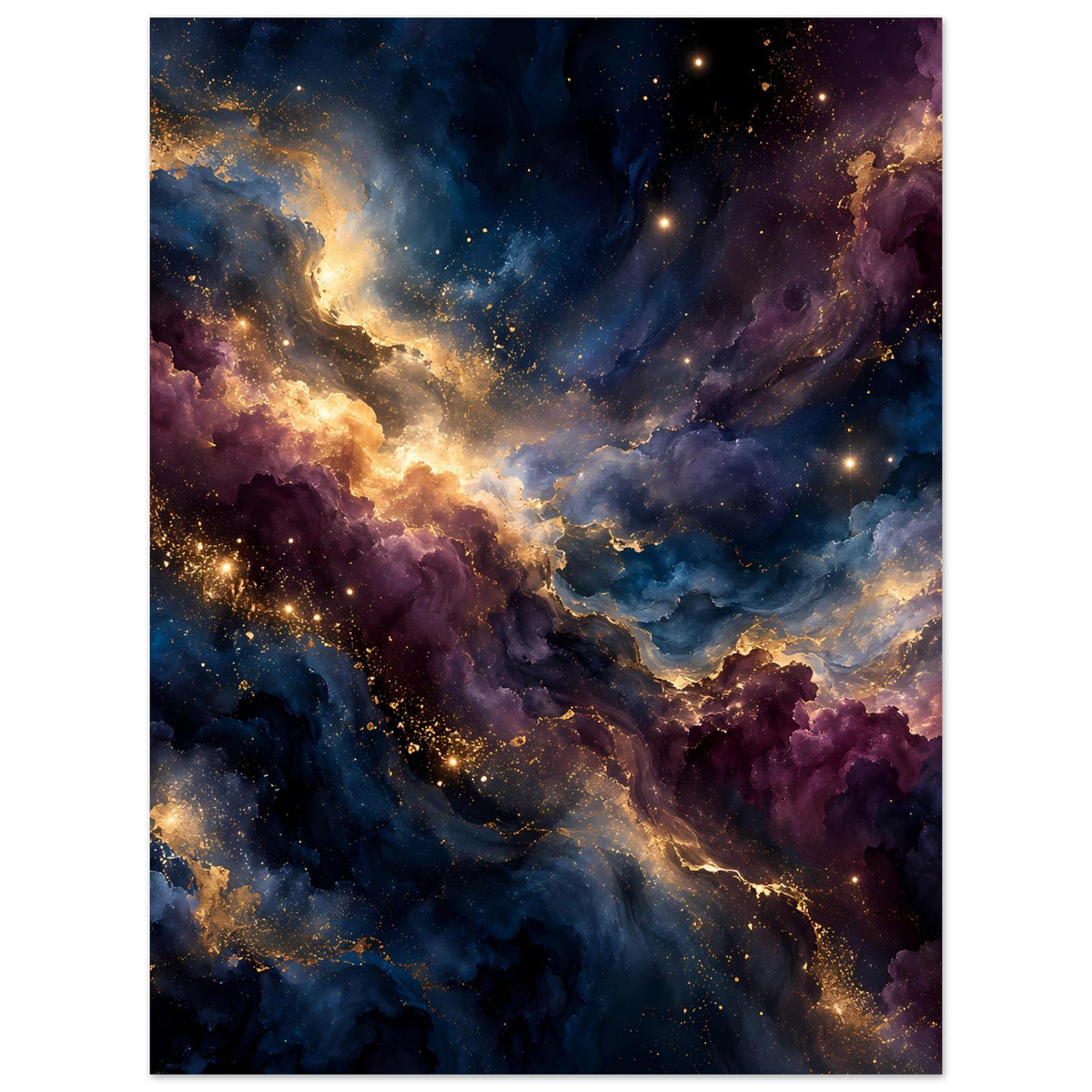 Vertikales Kunstposter mit kosmischer Wolkenlandschaft: blau, violett und gold, Sterne