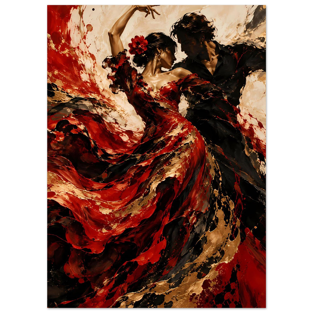 Poster mit Flamenco-Tanzmotiv: Frau im roten Kleid, gold-schwarze Akzente, zwei tanzende Personen