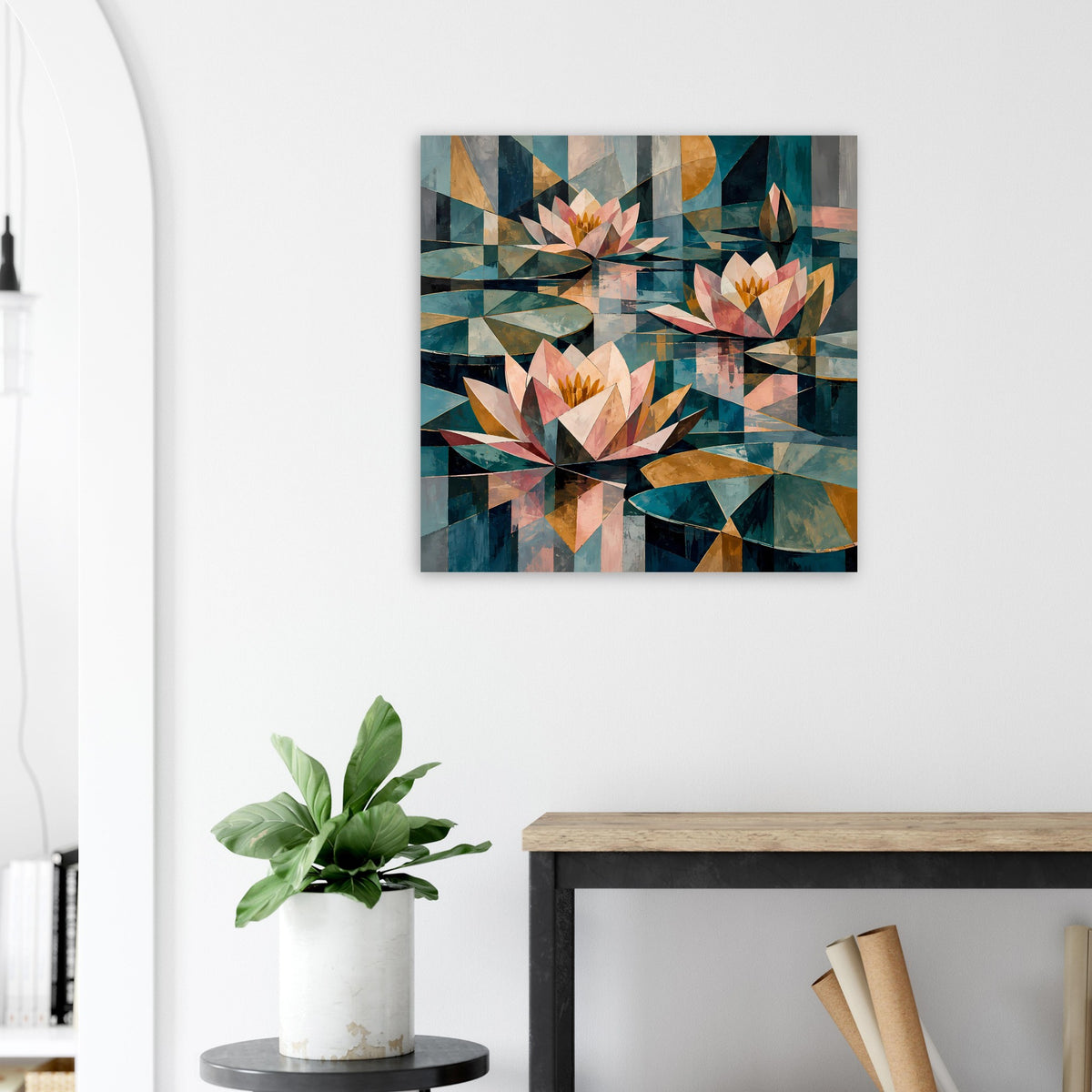 Quadratisches Blumenposter mit geometrischen Seerosen in Petrol, Beige und Rosatönen