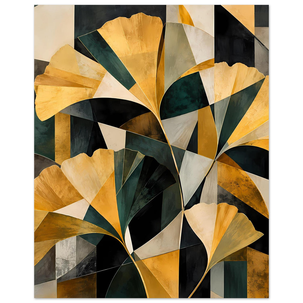Abstraktes Blumenposter mit goldenen und tiefgrünen Blütenformen, geometrisch, Hochformat