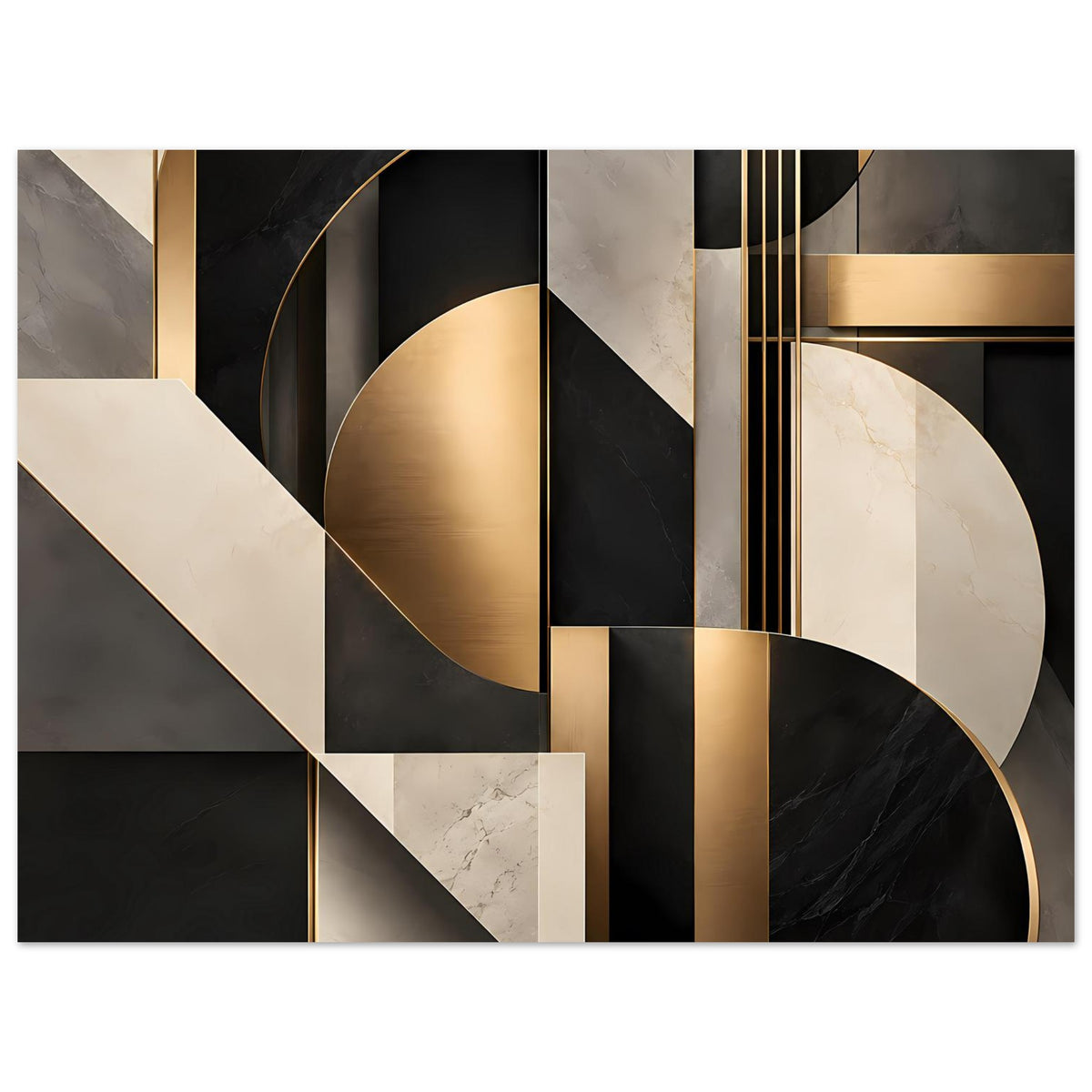Geometrisches Kunstposter als Nahansicht: goldener Halbkreis, Marmorrechtecke und schwarze Bögen