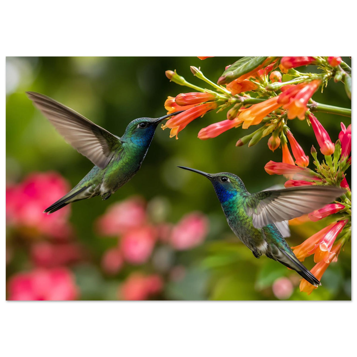 Posterdruck im Querformat: zwei Kolibris mit grünblauem Gefieder an orange-roten Blüten