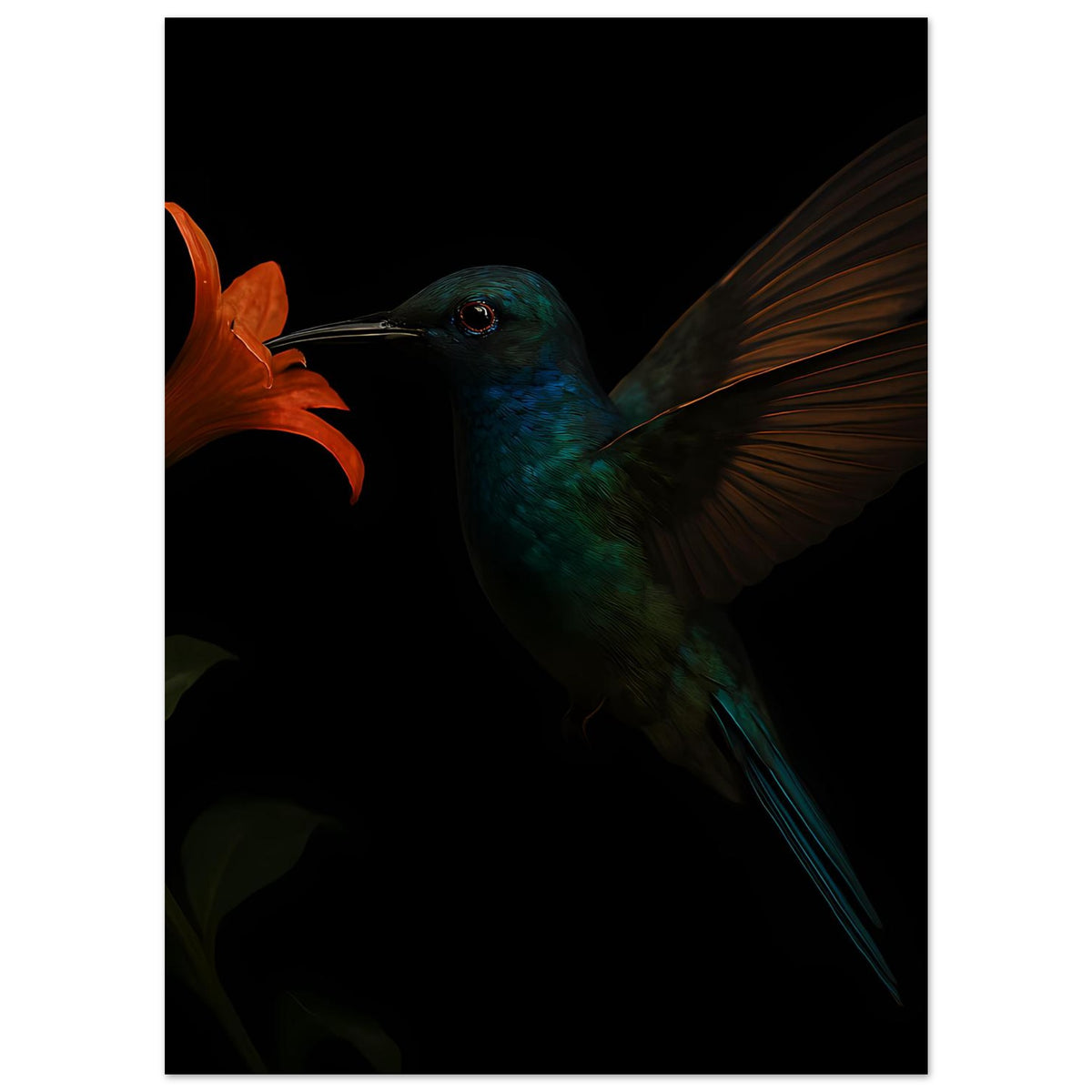 Vertikaler Kunstdruck: Kolibri neben orangefarbener Lilie, Flügel nach rechts