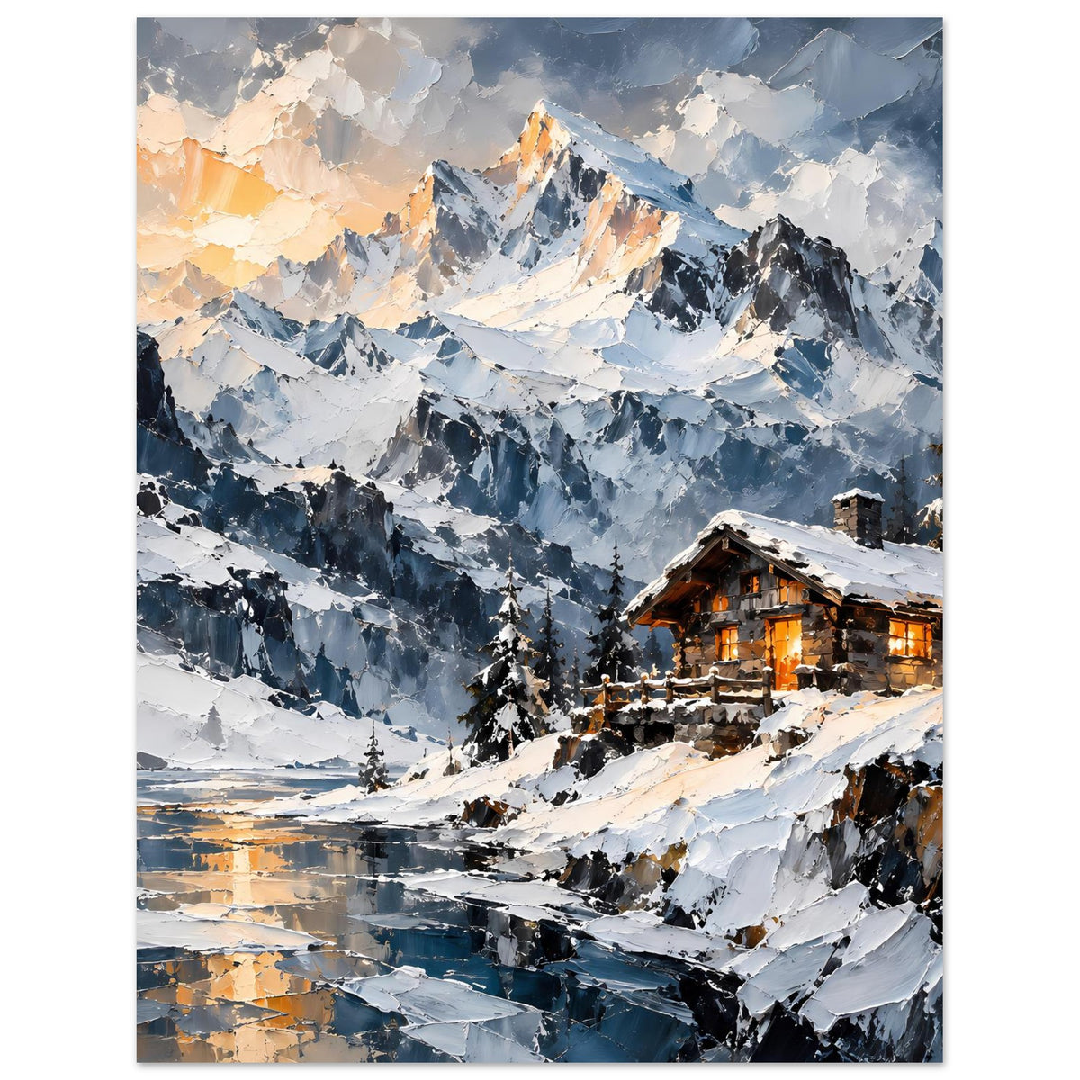 Poster zeigt verschneite Berglandschaft mit warm beleuchteter Hütte und Tannenwald
