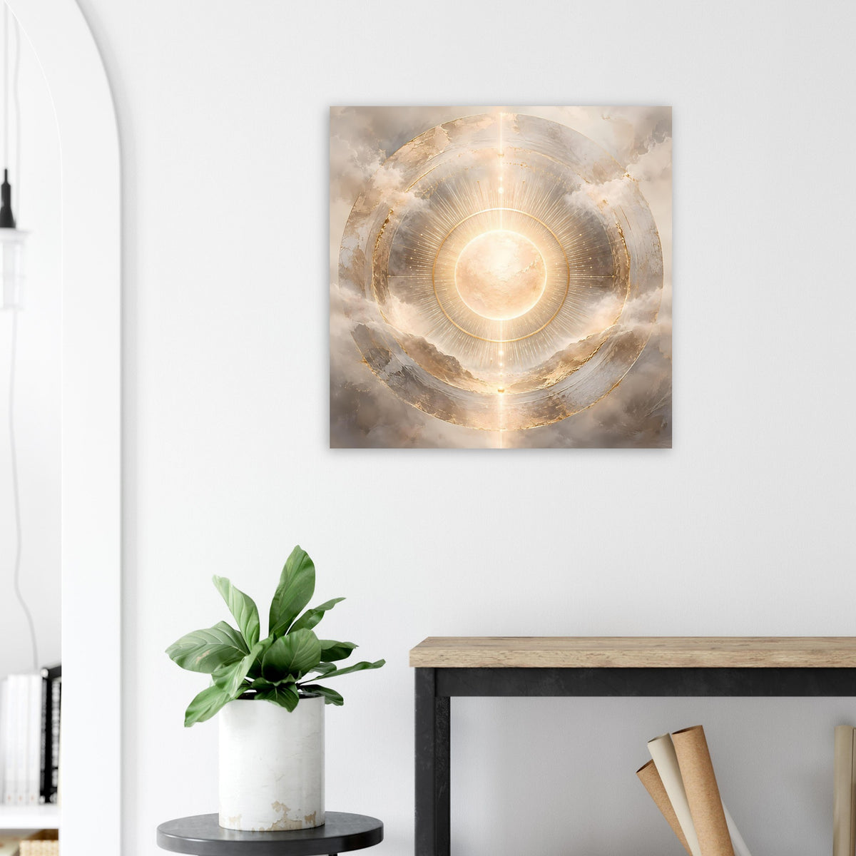 Quadratisches Poster mit goldenem Lichtkreis, konzentrischen Ringen und sanften Farbverläufen