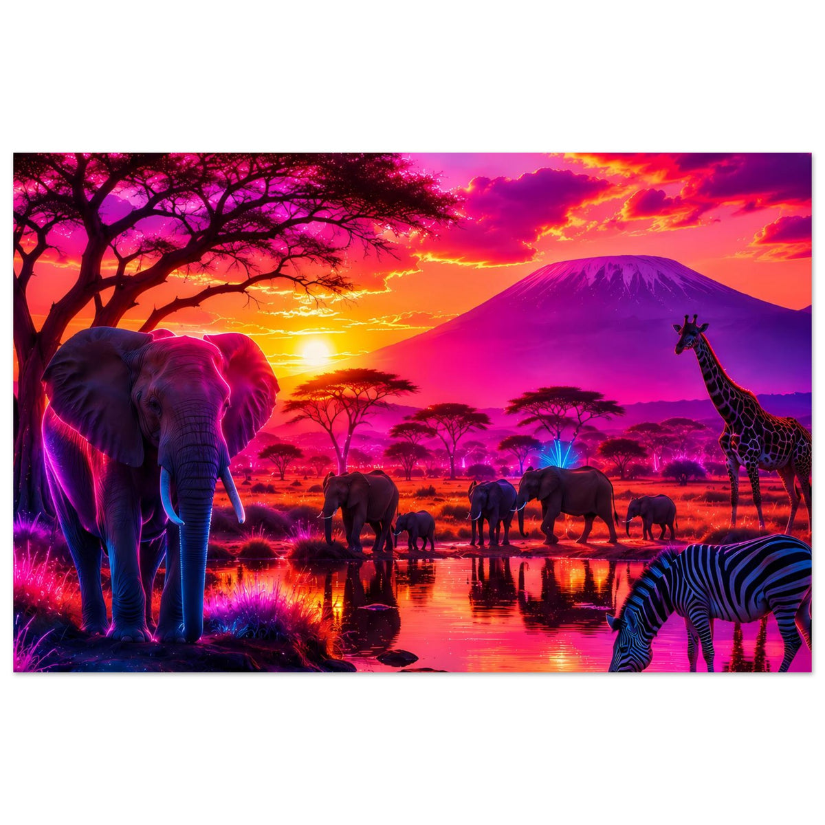 Wildlife-Poster mit Elefanten, Giraffe, Zebra und Sonnenuntergang über der Savanne