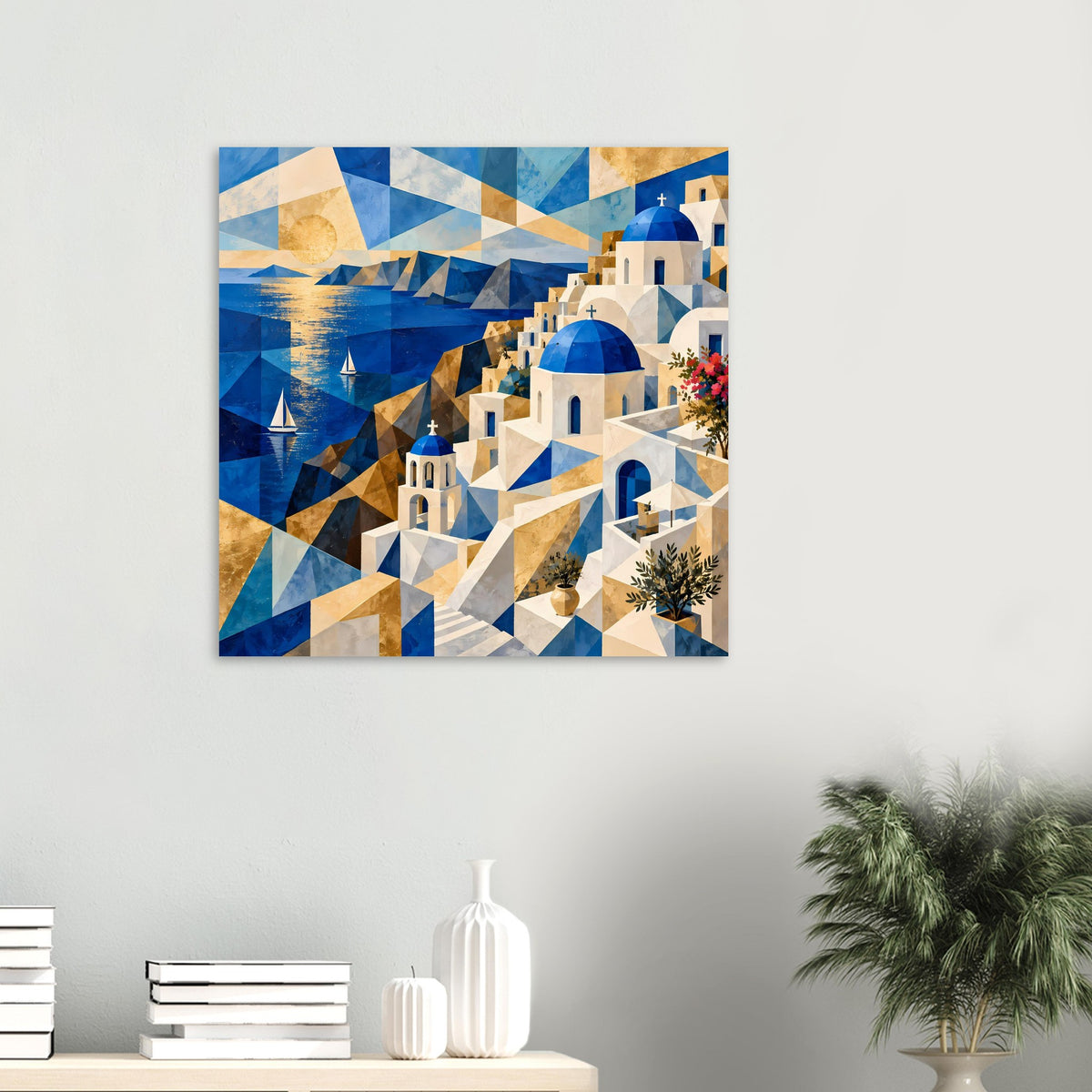 Geometrisches Poster mit blau-goldenem Meer und weißen Häusern mit blauen Kuppeln