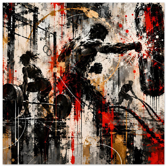 Fitness-Poster mit Sportler-Silhouetten, Hanteln und Spritzern in Rot/Schwarz