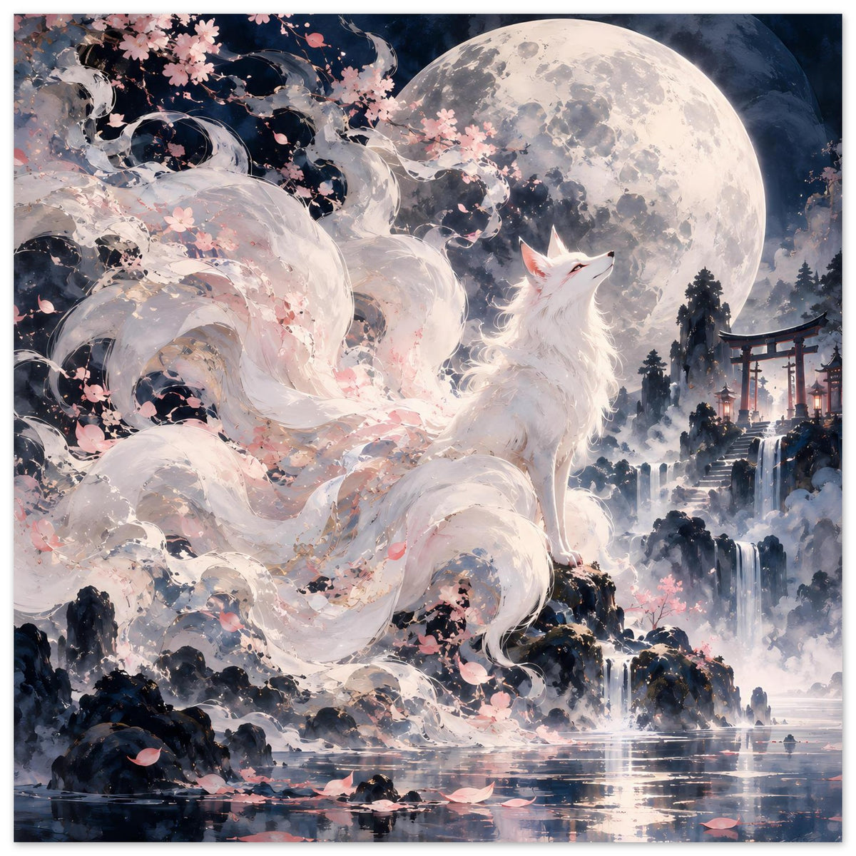Fantasy-Poster mit weißem Fuchs, Vollmond, Kirschblüten und Pagoden-Silhouetten