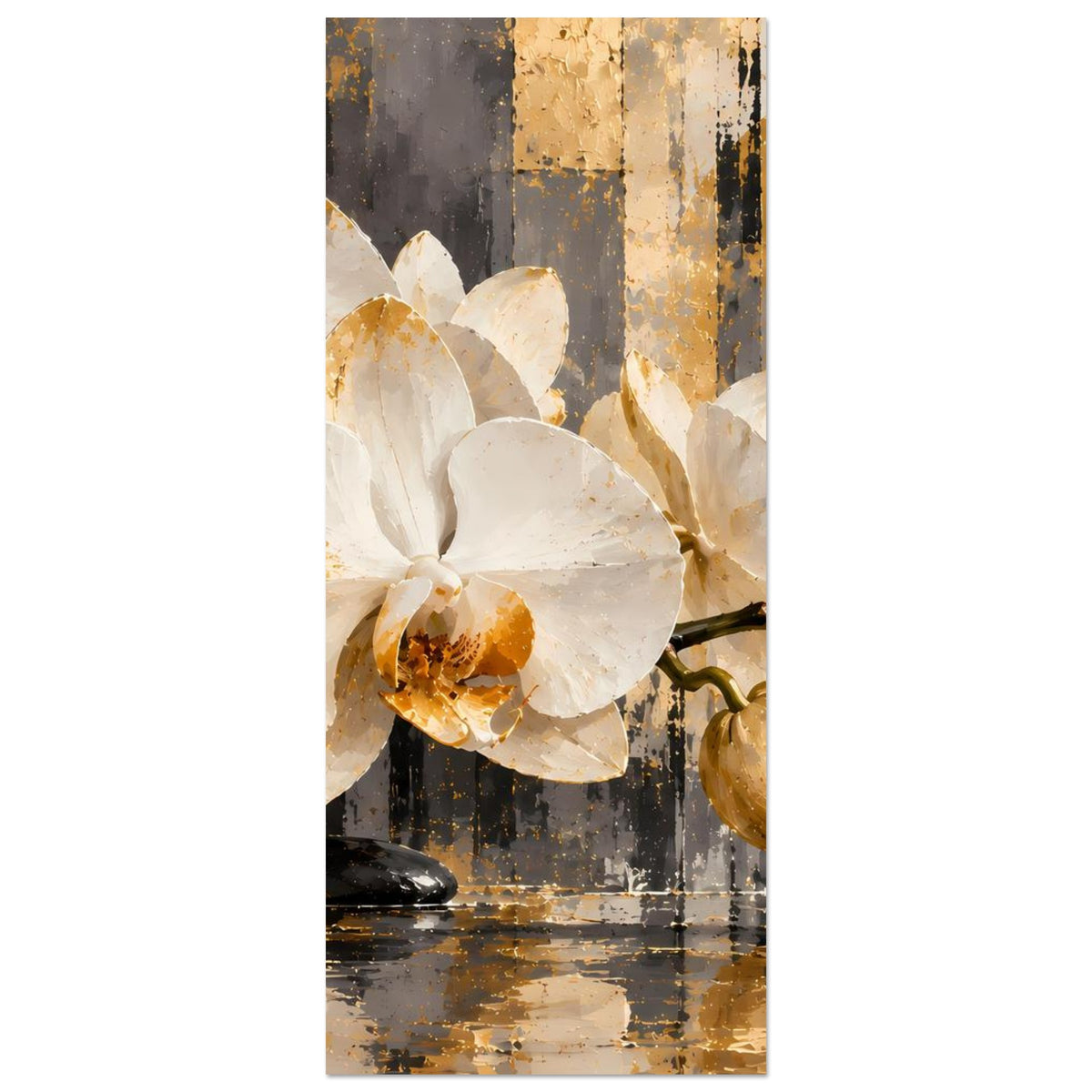 Orchideen-Poster im Hochformat: weiße Blüten mit goldenen Akzenten vor dunklem Hintergrund