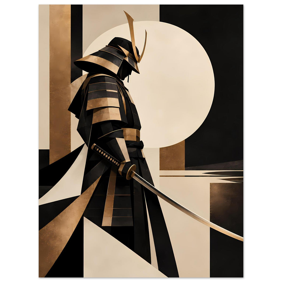 Kunstposter mit Samurai im Profil, schwarzer Helm und Goldakzente, vor großem Kreis