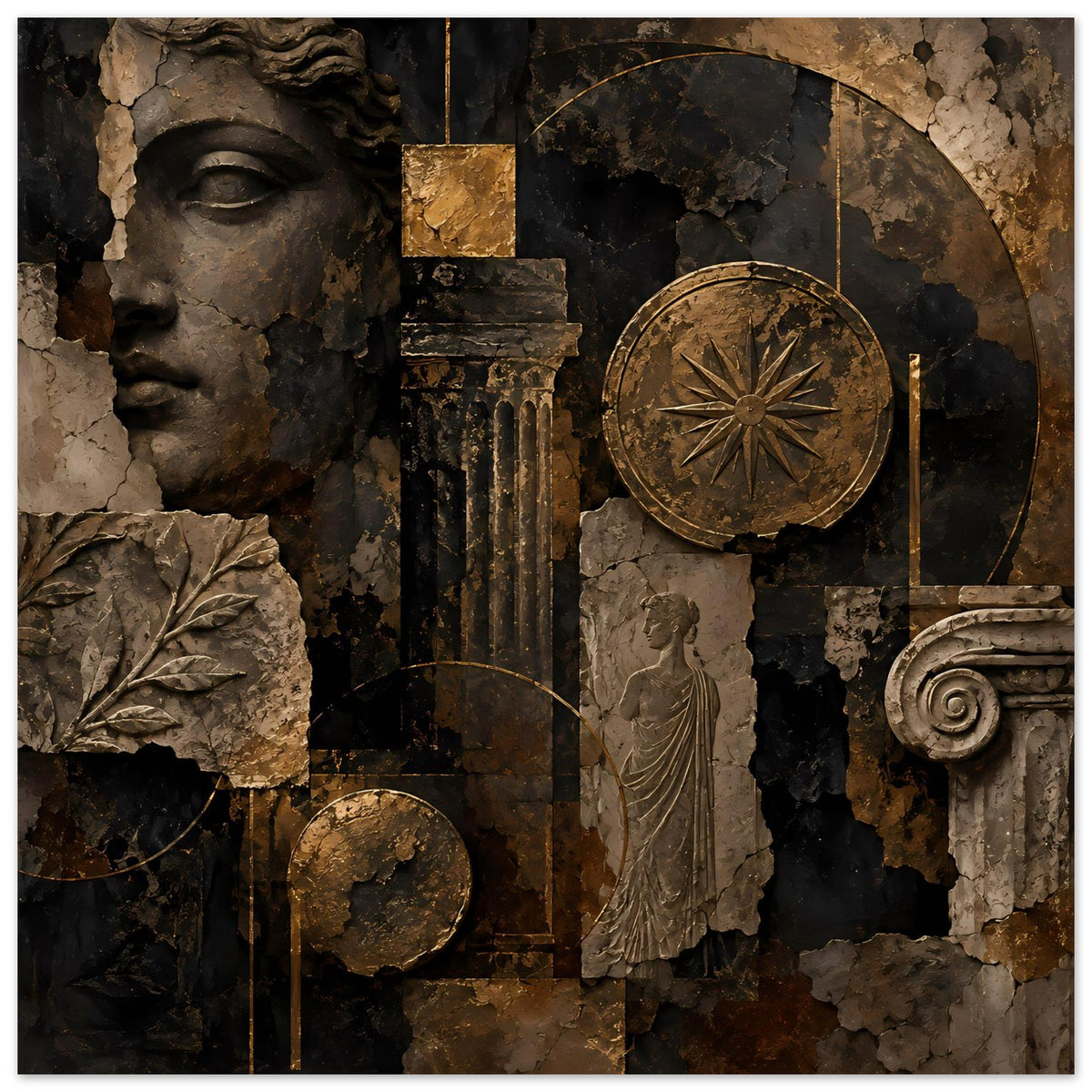 Wandposter mit antiken Gesichtern, Bronze-Kreisrad, Säulen und Statuen in Dunkelbraun/Schwarz