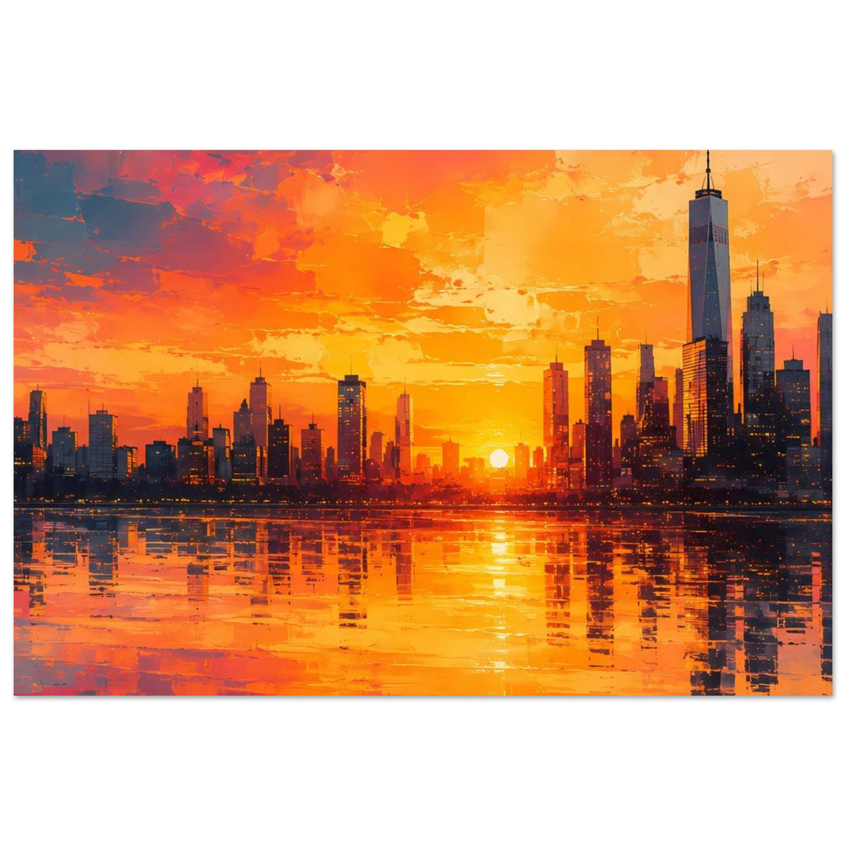 Rechteckiges Poster mit Großstadt-Skyline bei orangefarbenem Sonnenuntergang und Wasserspiegel