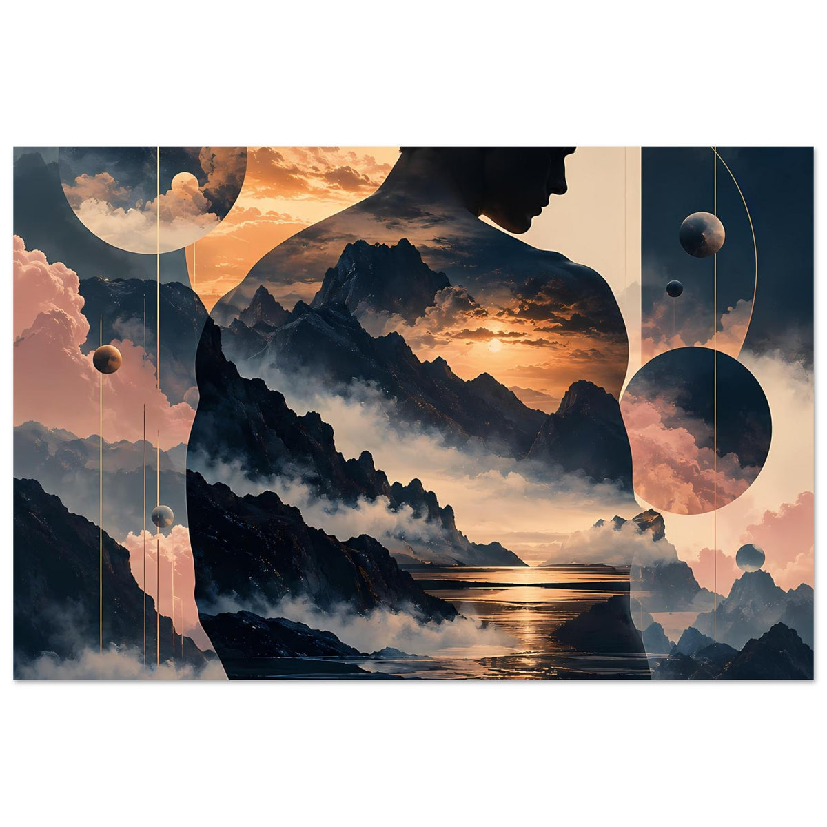Horizontales Poster mit Männerprofil, düsteren Berggipfeln, Sonnenuntergang über Wasser, Planetenformen