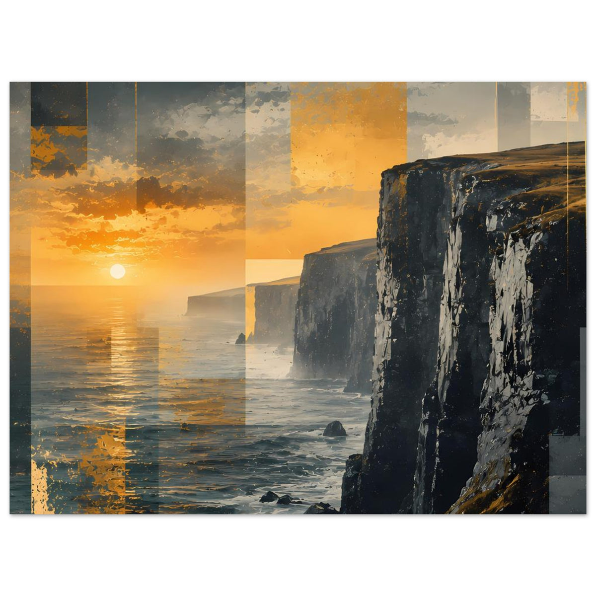 Poster mit Sonnenuntergang über dem Meer und Küstenklippen, quadratisch gerahmt