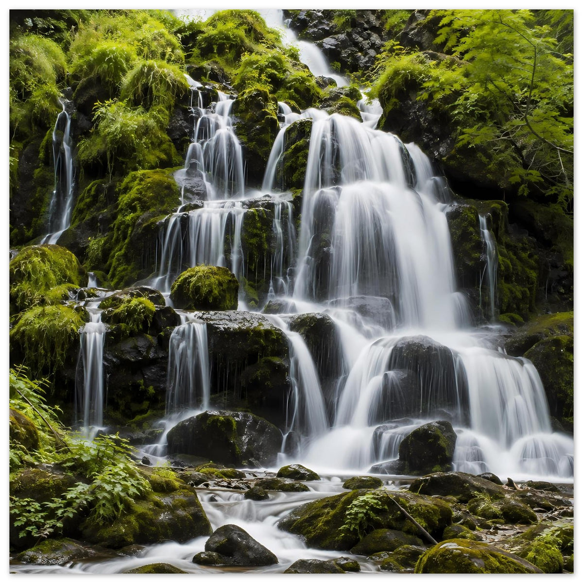 Wasserfall-Poster mit vielen Wasserstrahlen und grünem Moos, vertikale Ansicht