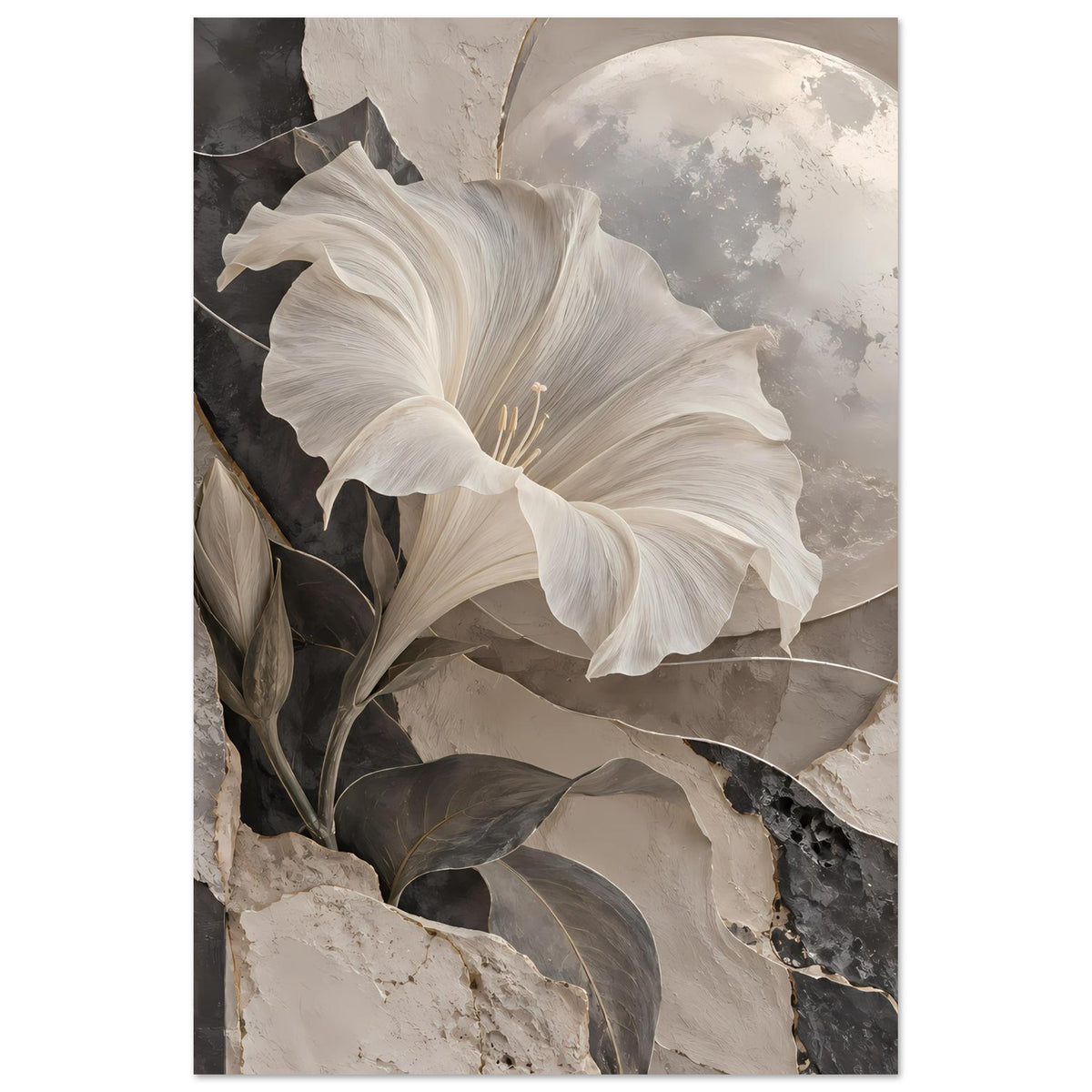 Kunstposter im Hochformat mit weißer Blume, Halbmondbogen und grauen Blättern