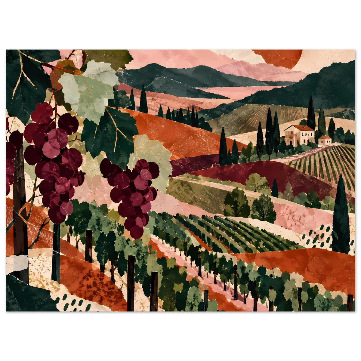 Weinreben-Landschaftsposter mit großem Ausschnitt: Traubenranken, Weinberg und Sonne