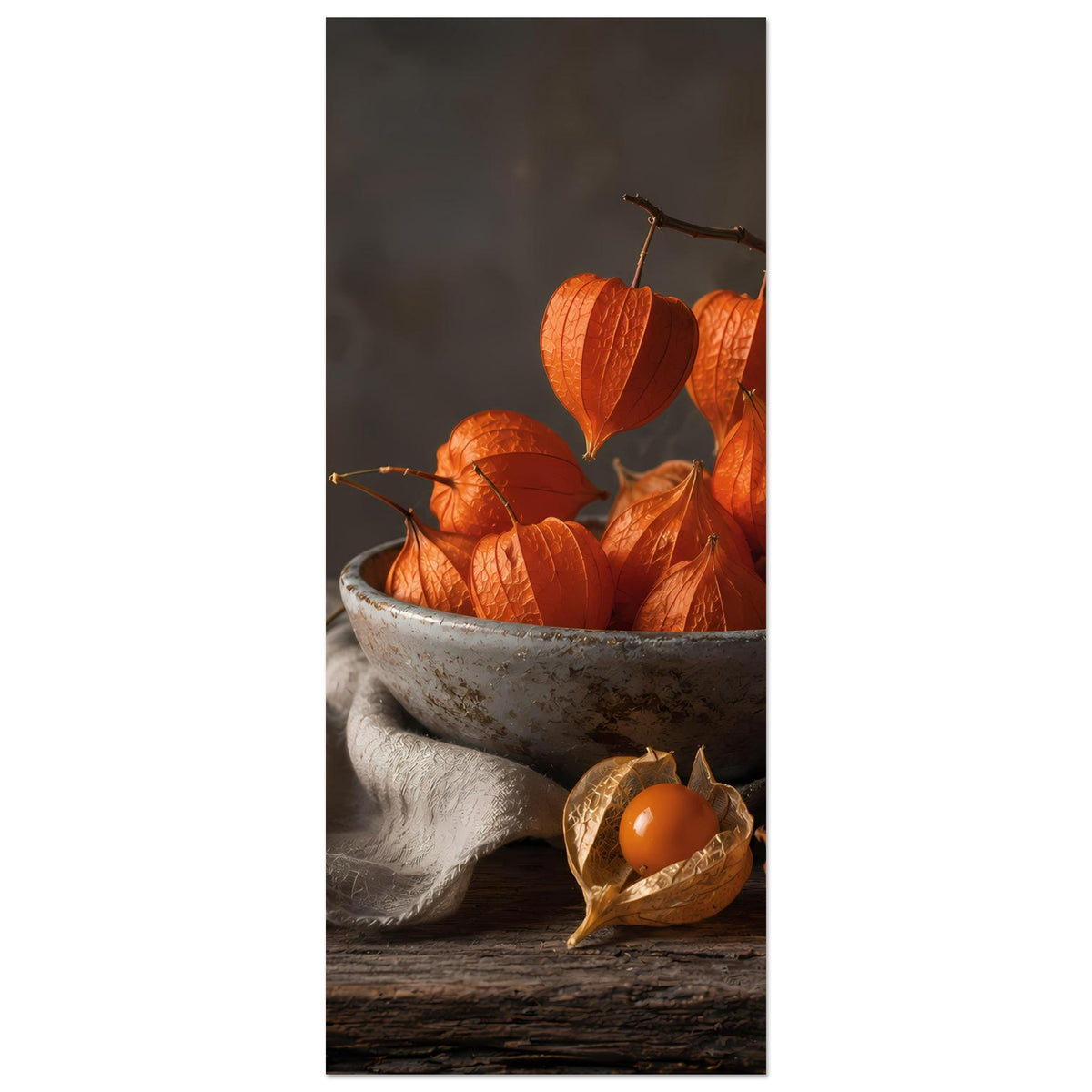 Herbstposter im Hochformat: Ausschnitt mit Schüssel, orangefarbenen Blättern und Zweig