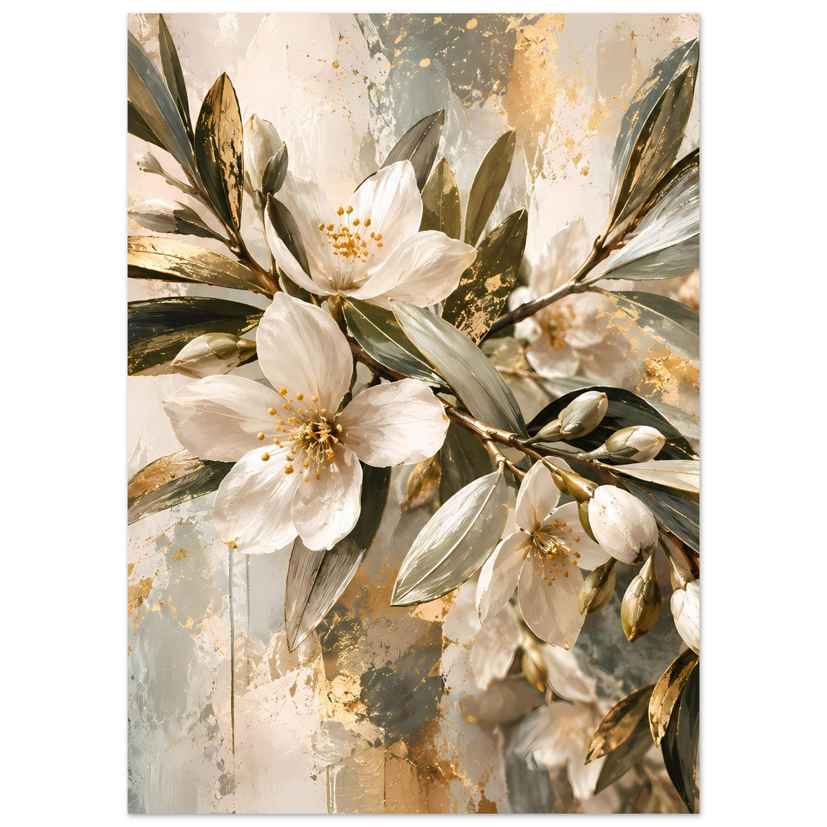 Blumenposter mit weißen Blüten und goldfarbenen Sprenkeln, grüne Blätter, florales Motiv