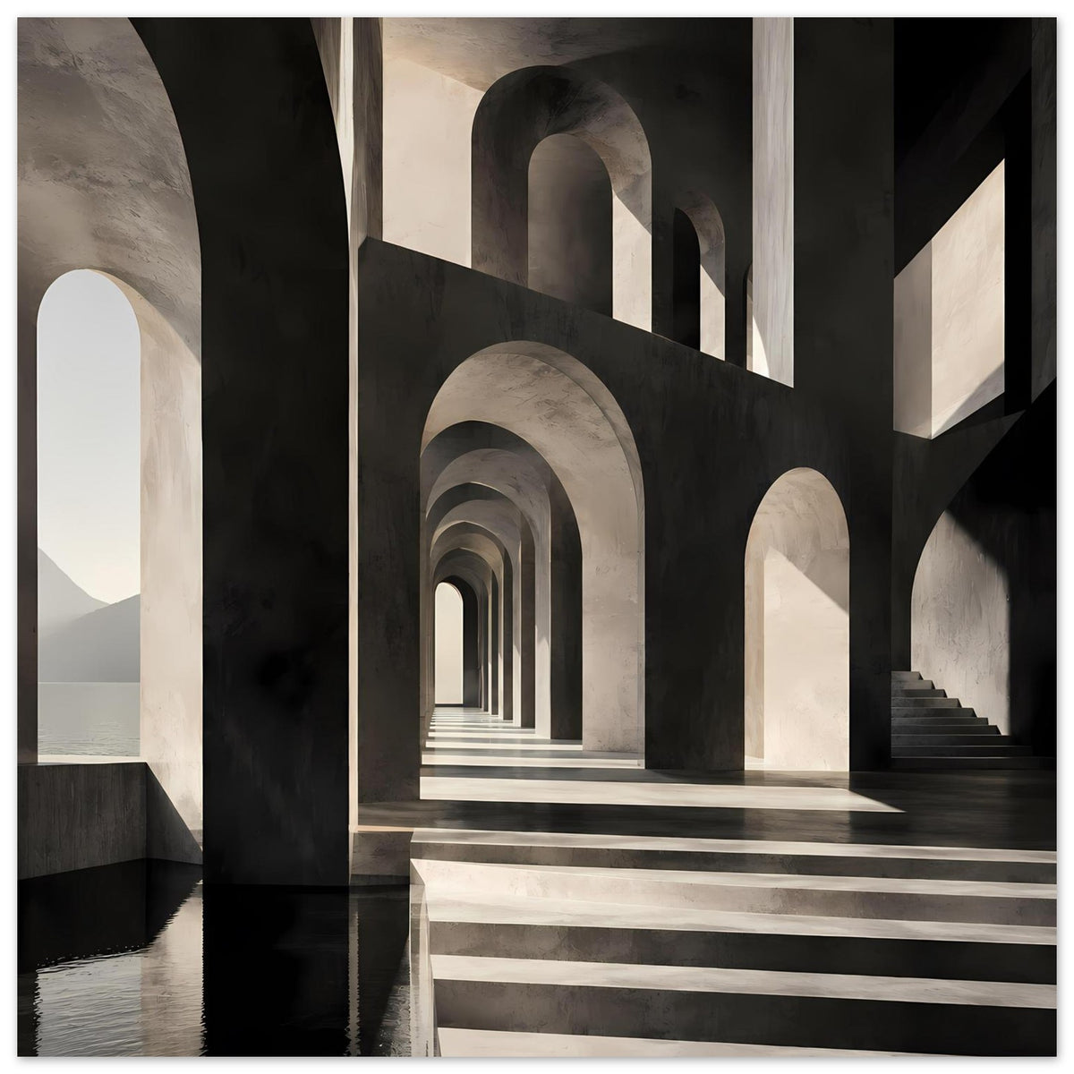 Architekturposter mit Reihen gebogener Durchgänge, Treppenstufen und kontrastierenden Flächen