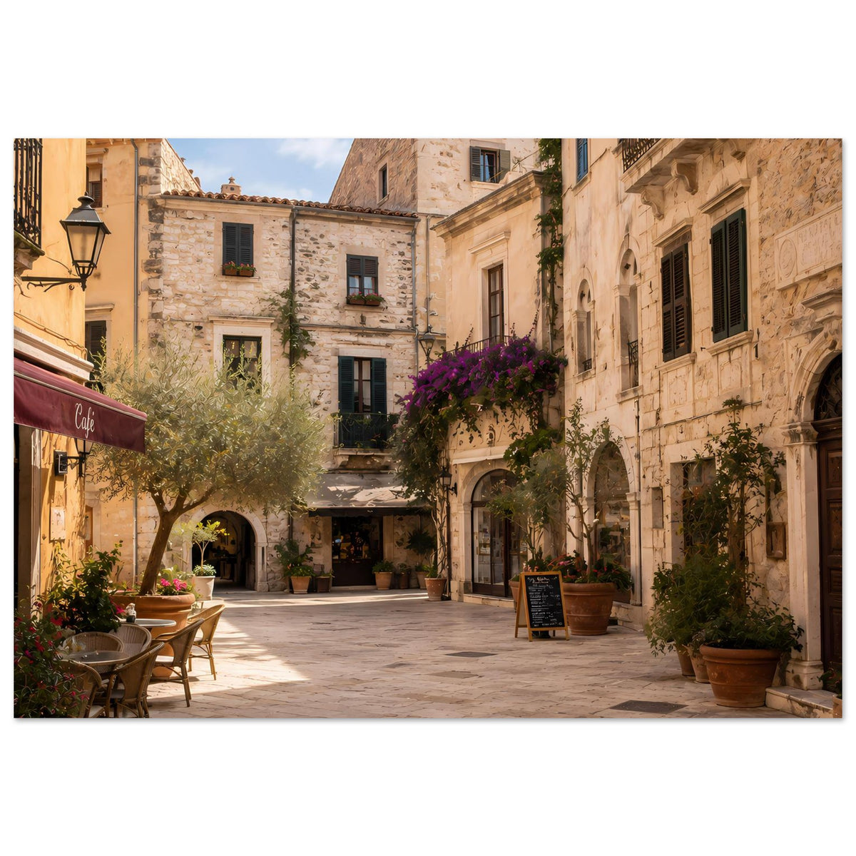 Poster mit mediterraner Altstadtgasse, Steinhäusern und Café-Terrasse
