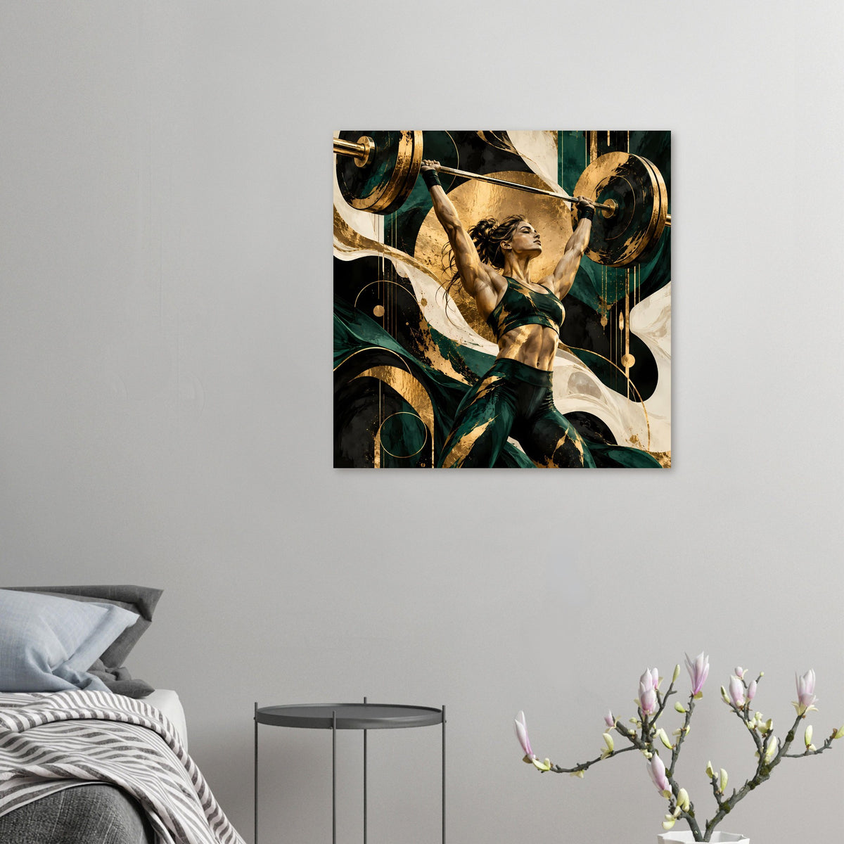 Kunstposter in kleiner Ausführung: Athletin mit Langhantel über Kopf, Grün und Gold