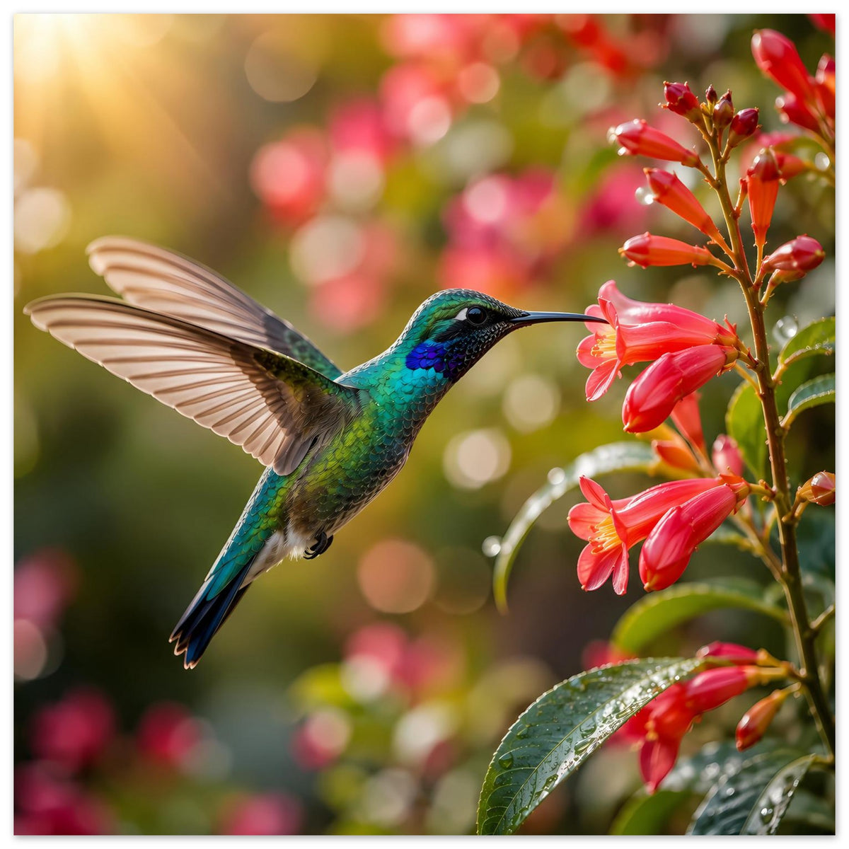 Poster mit Kolibri im Flug und roten Blüten an einem Zweig, mit Blättern