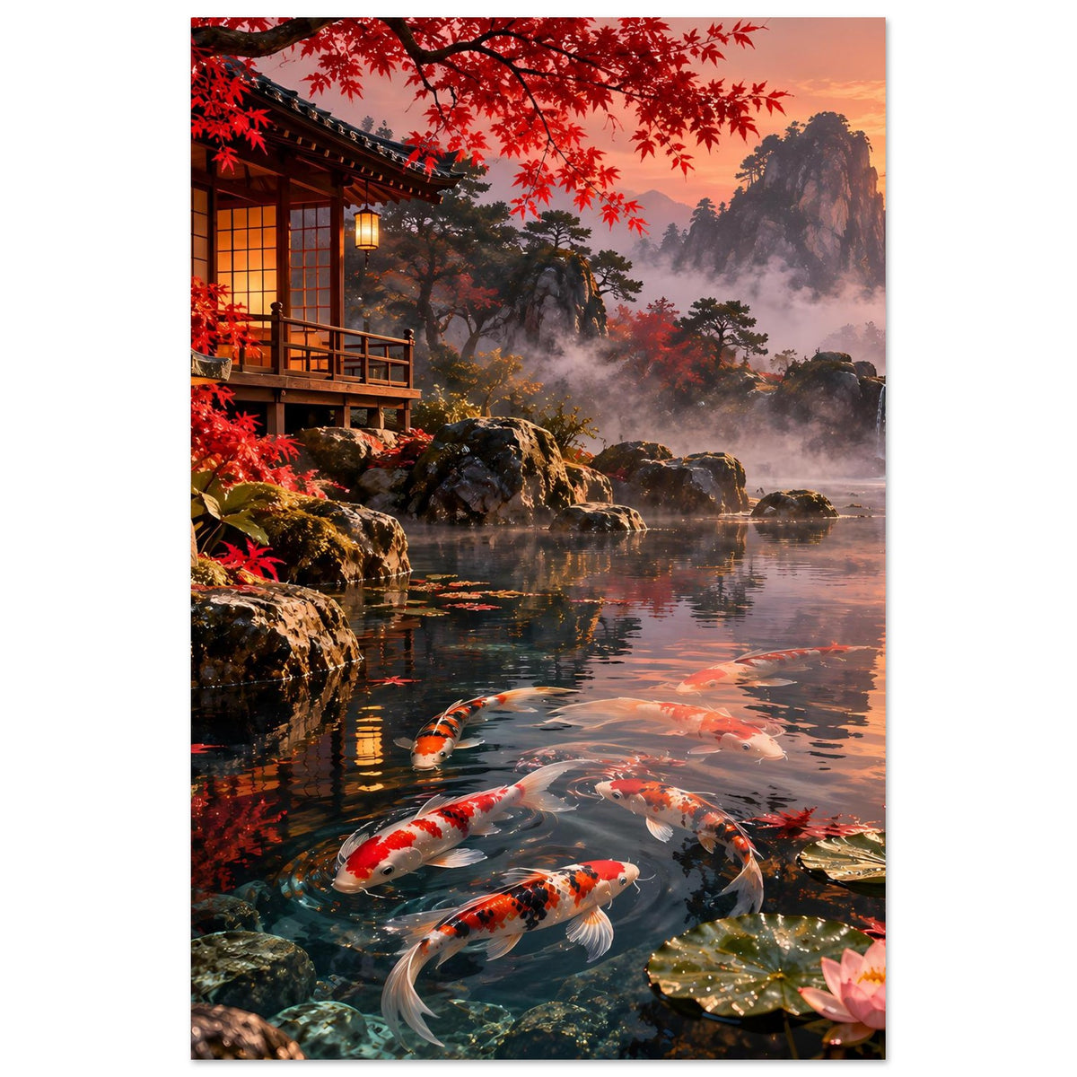 Vertikales gerahmtes Poster mit Koi im Teich, Felsen, rotem Blattwerk und Pagodenhaus