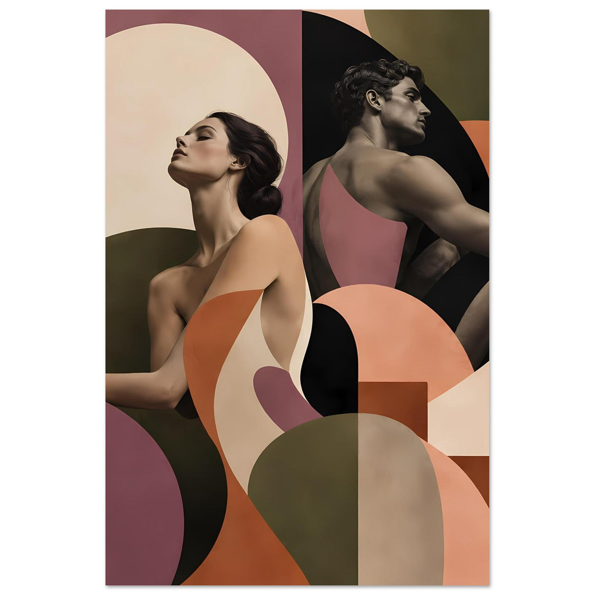 Hochformatiges Figurenposter mit zwei abstrakten Frauen in Terrakotta und Mauve, klarer Zuschnitt