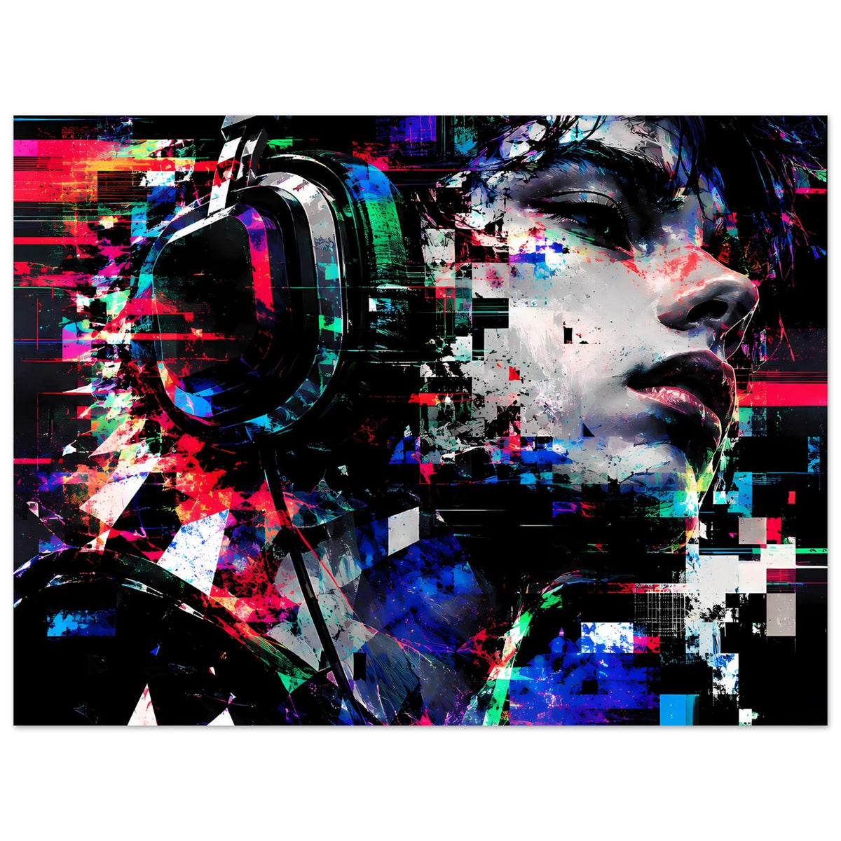 Poster mit futuristischem Graffiti-Gesicht, Neonfarben und Rasterelementen, Querformat