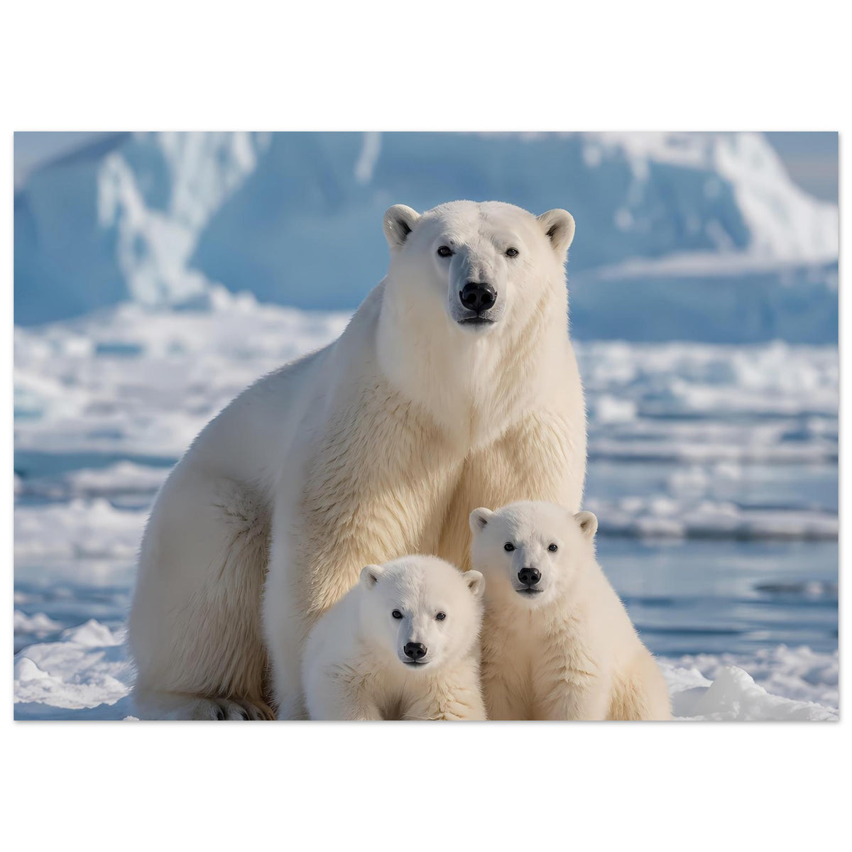 Kunstdruck Eisbärenfamilie auf Schnee, drei Eisbären im Fokus