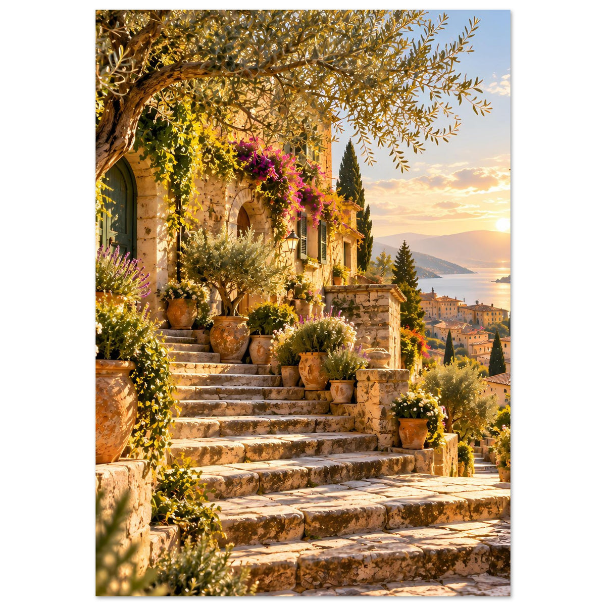 Mediterranes Sonnenuntergangs-Poster (Hochformat) mit Steintreppe und Pflanzkübeln