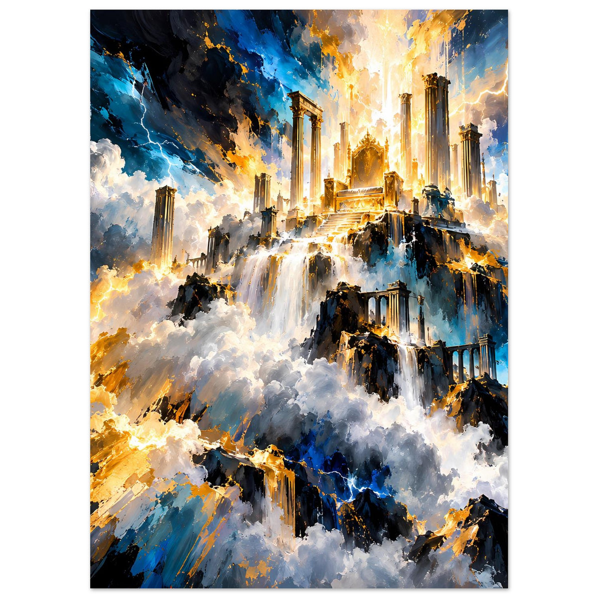 Fantasy-Poster im Hochformat mit Ruinenstadt, Wasserfällen, blauen Gewitterwolken