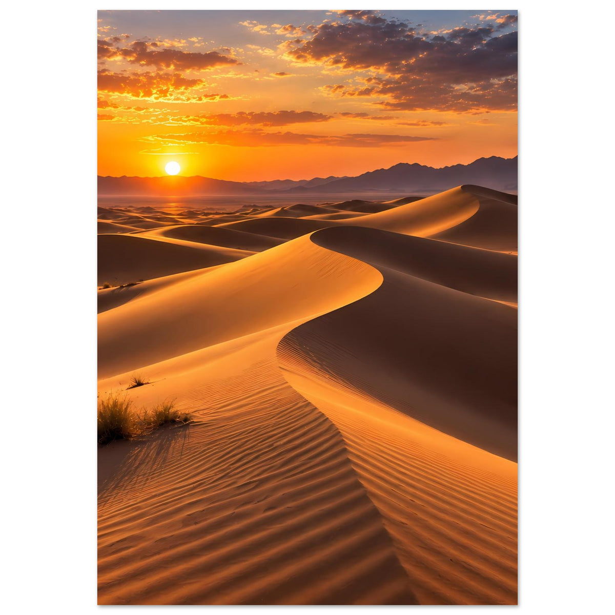 Wüsten-Sonnenuntergang-Poster im Hochformat: helle Sanddünen, Sonne am linken Horizont