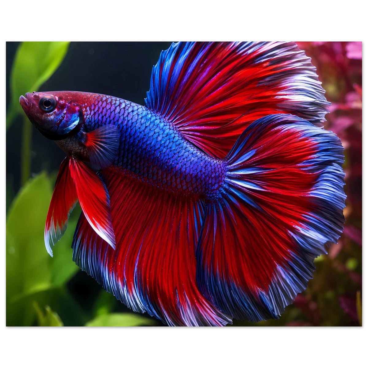 Querformat-Poster mit Betta-Kampffisch: blau und rot, weit geöffnete Schwanzflosse