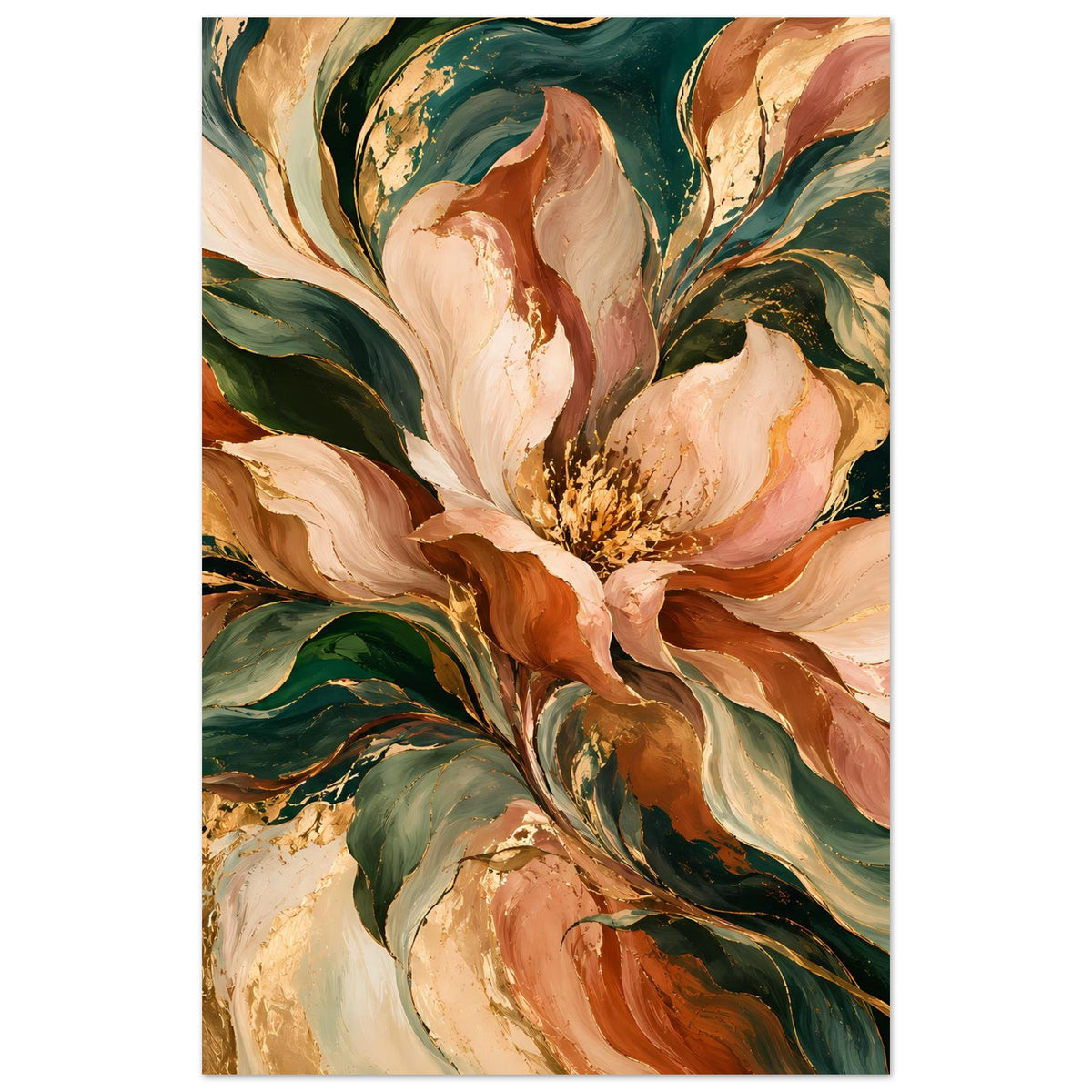 Blumenposter im Hochformat mit abstrakten Pfingstrosen in Grün, Beige und Rostbraun