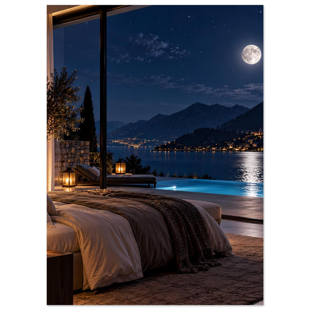 Luxuriöses Nachtblick-Poster (hochkant) mit Bett am Fenster und Flachwasser, Mond über Bergen