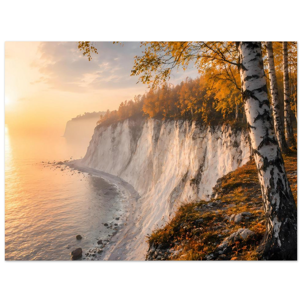 Poster mit Meerblick auf eine weiße Felswand und Birken im Herbst, Sonnenuntergang