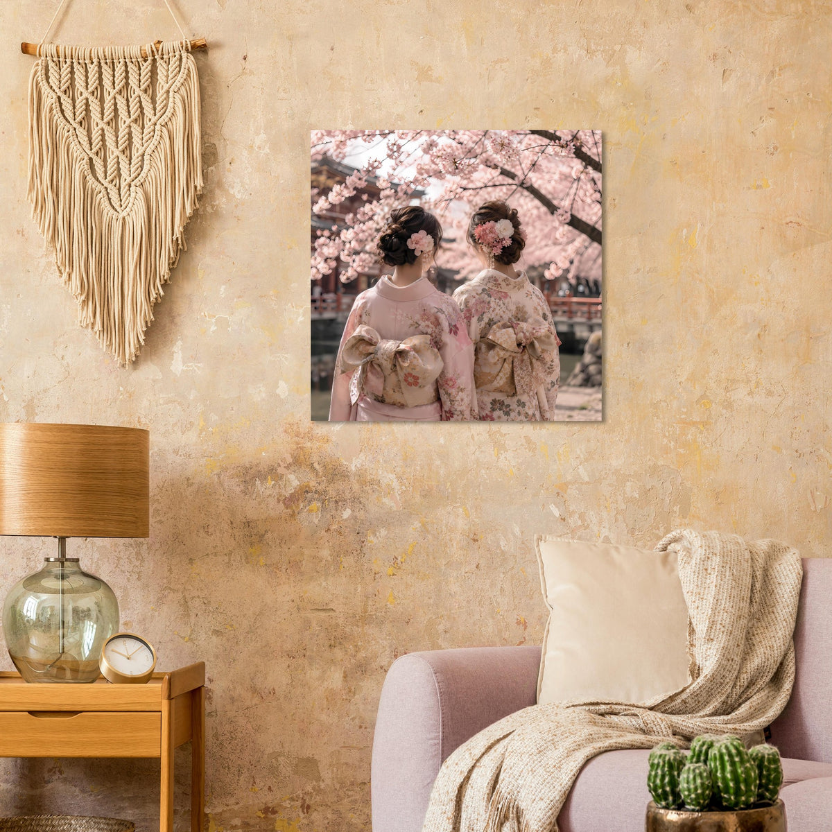 Gerahmtes Wandposter mit Kirschblütenzweigen und zwei Frauen in Pastelltönen