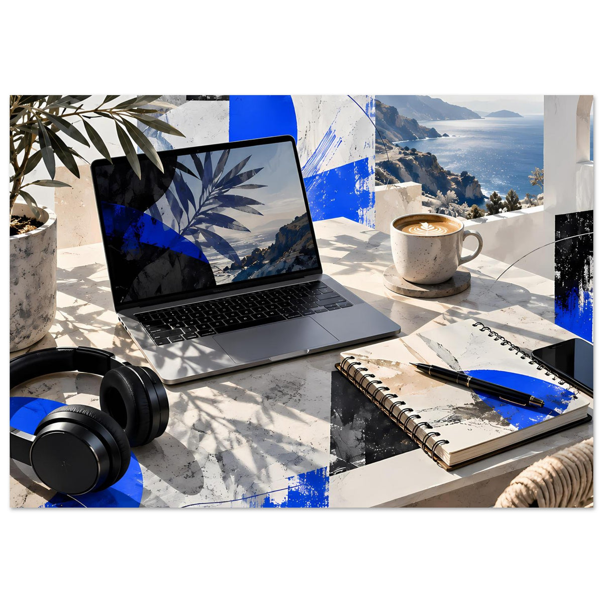 Poster mit Küstenkunst: Laptop, Kaffeetasse, Notizblock, Kopfhörer und blau-weiße Farbflächen