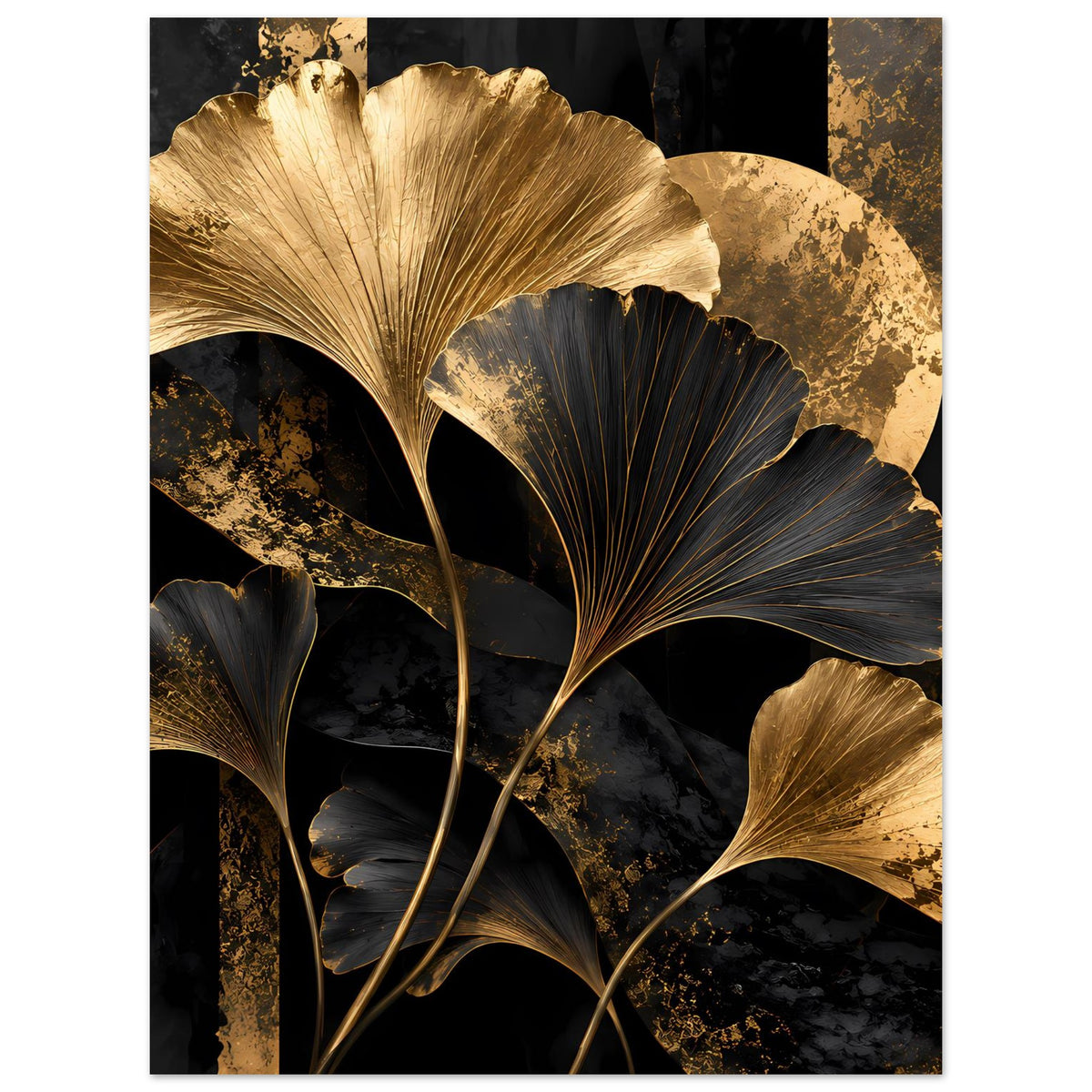 Botanisches Poster mit goldenen und schwarzen Ginkgo-Blättern, quadratisch