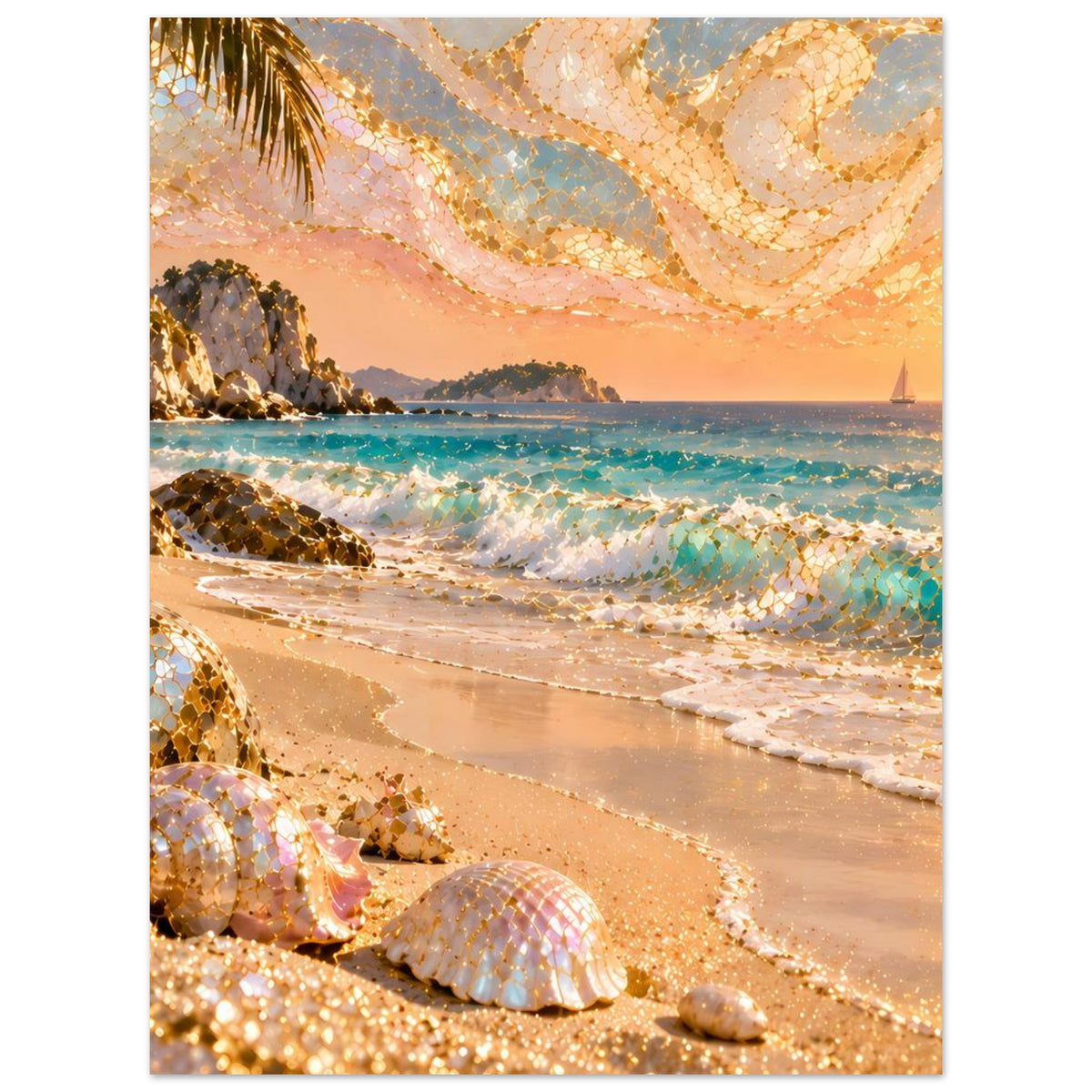 Vertikales Poster mit Strand-Sunset, goldenen Mosaikakzenten und Muscheln am Ufer