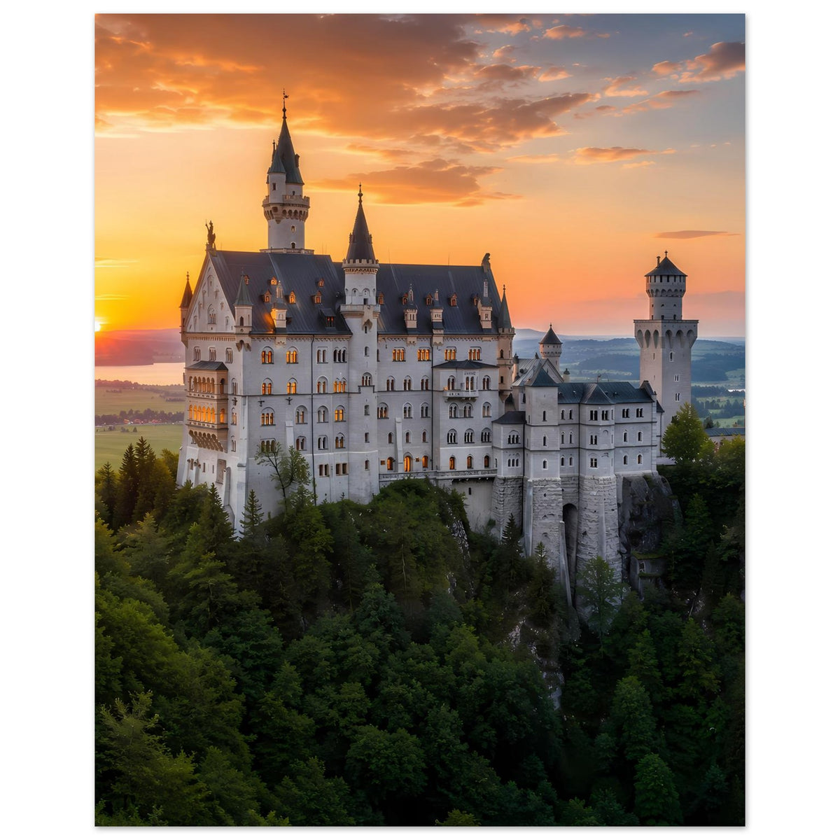 Poster mit weißem Schloss und Türmen im Dämmerlicht, orangefarbener Himmel