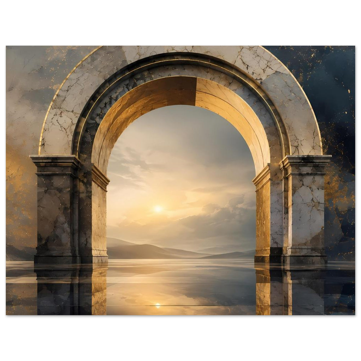 Poster mit Marmorbogen und goldener Innenkante, Sonnenlicht über Landschaft und reflektierendem Wasser