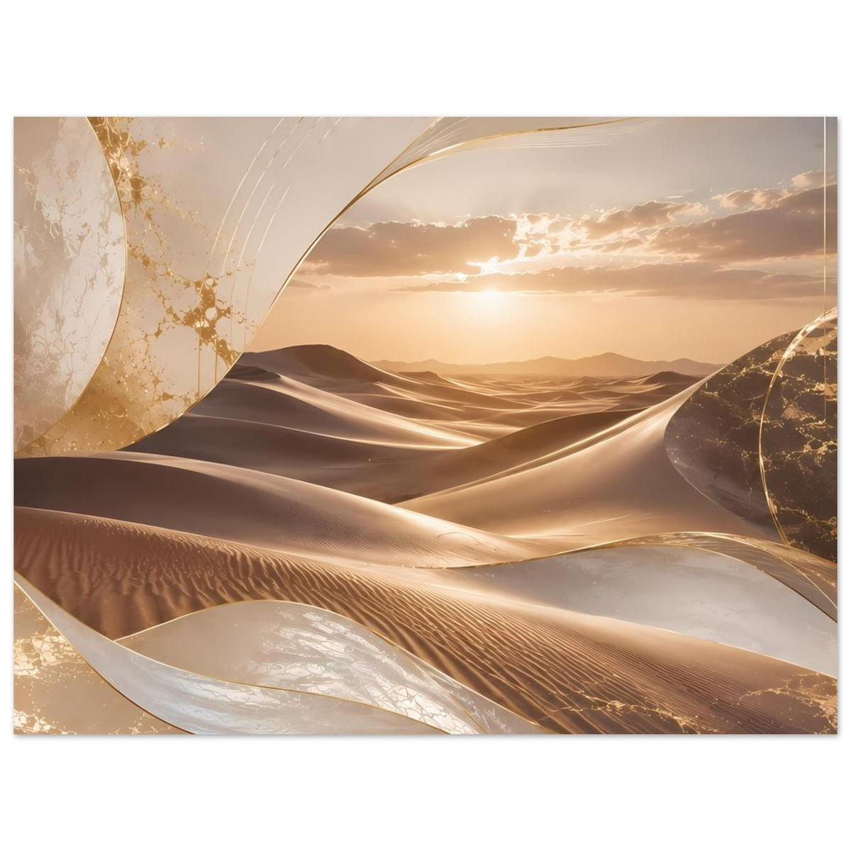 Wüsten-Poster mit goldenen Akzenten und geschwungenen Sanddünen, Querformat in Beige